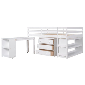 English Elm Low Full Loft Bed with Rolling Desk Storage Cabinet Kids Room Espresso Pine White LT000313AAK-1