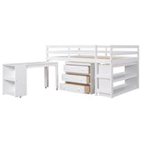 Hearth and Haven Moore Low Study Full Size Loft Bed with Cabinet and Rolling Portable Desk, White LT000313AAK