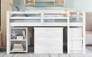 English Elm Low Full Loft Bed with Rolling Desk Storage Cabinet Kids Room Espresso Pine White LT000313AAK-1