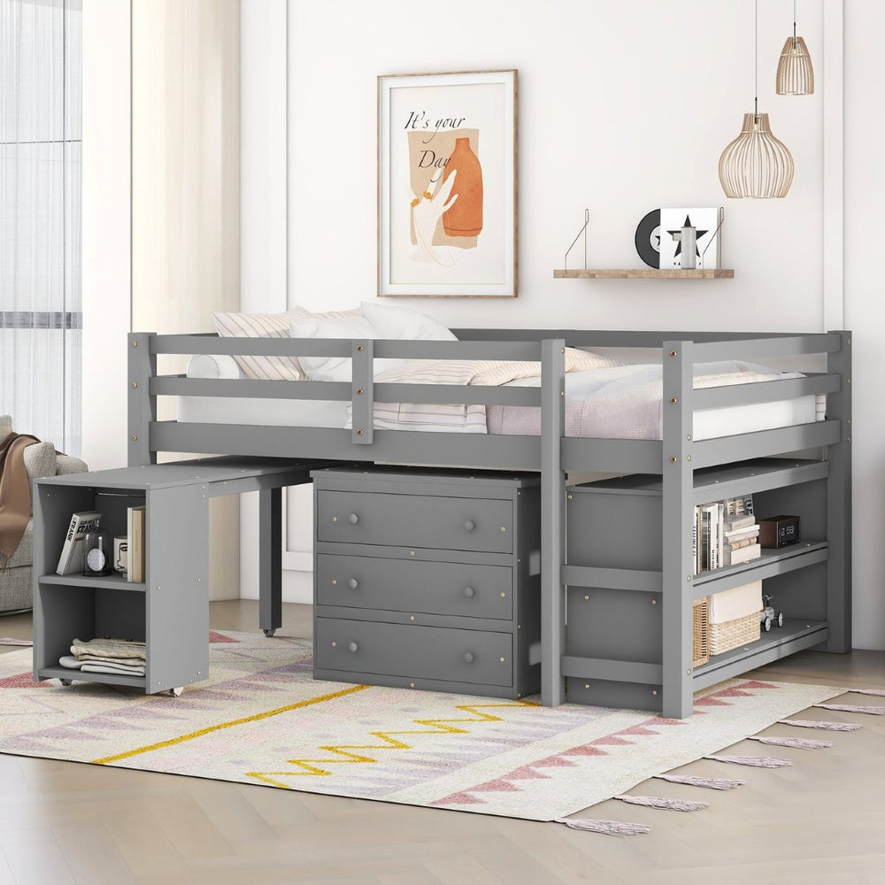 English Elm Low Full Loft Bed with Rolling Desk Storage Cabinet Kids Room Espresso Pine Gray LT000313AAE-1
