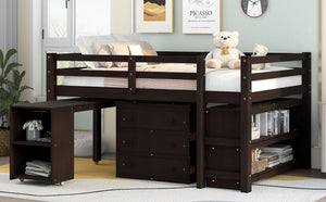 English Elm Low Full Loft Bed with Rolling Desk Storage Cabinet Kids Room Espresso Pine LT000313AAP