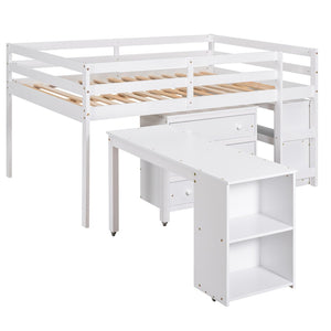 English Elm Low Full Loft Bed with Rolling Desk Storage Cabinet Kids Room Espresso Pine White LT000313AAK-1
