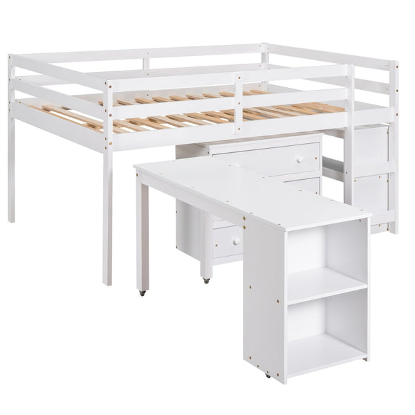English Elm Low Full Loft Bed with Rolling Desk Storage Cabinet Kids Room Espresso Pine White LT000313AAK-1