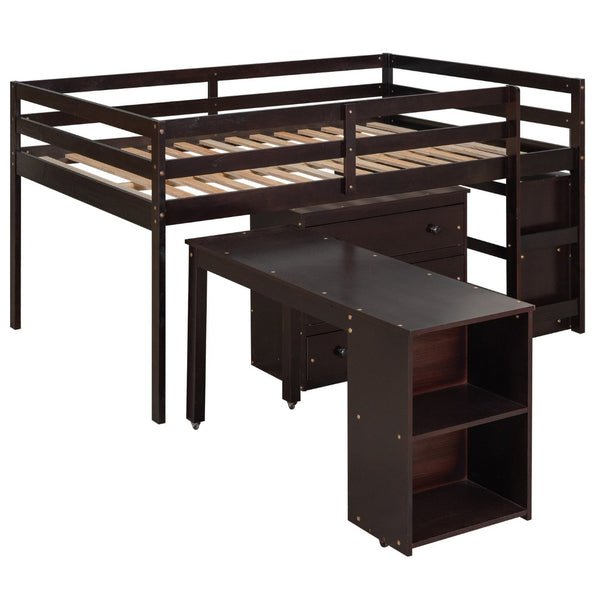 English Elm Low Full Loft Bed with Rolling Desk Storage Cabinet Kids Room Espresso Pine LT000313AAP