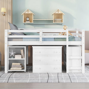 English Elm Low Full Loft Bed with Rolling Desk Storage Cabinet Kids Room Espresso Pine White LT000313AAK-1