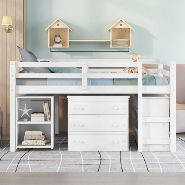 English Elm Low Full Loft Bed with Rolling Desk Storage Cabinet Kids Room Espresso Pine White LT000313AAK-1