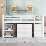 Hearth and Haven Moore Low Study Full Size Loft Bed with Cabinet and Rolling Portable Desk, White LT000313AAK