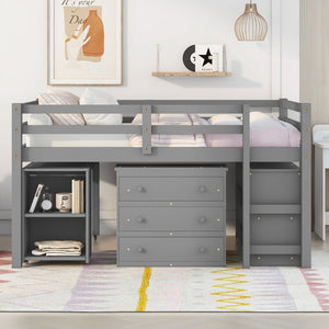 English Elm Low Full Loft Bed with Rolling Desk Storage Cabinet Kids Room Espresso Pine Gray LT000313AAE-1