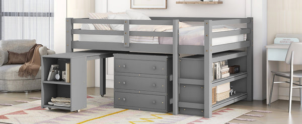 English Elm Low Full Loft Bed with Rolling Desk Storage Cabinet Kids Room Espresso Pine Gray LT000313AAE-1