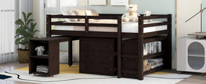 English Elm Low Full Loft Bed with Rolling Desk Storage Cabinet Kids Room Espresso Pine LT000313AAP-1