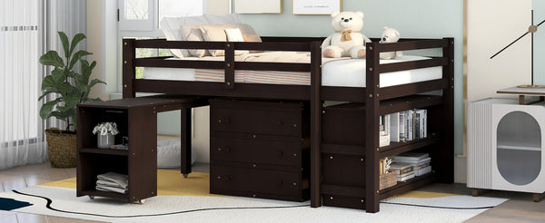 English Elm Low Full Loft Bed with Rolling Desk Storage Cabinet Kids Room Espresso Pine LT000313AAP-1