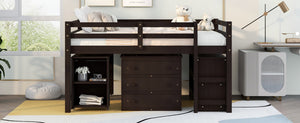 English Elm Low Full Loft Bed with Rolling Desk Storage Cabinet Kids Room Espresso Pine LT000313AAP-1