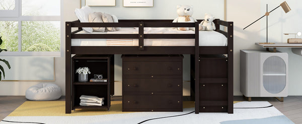 English Elm Low Full Loft Bed with Rolling Desk Storage Cabinet Kids Room Espresso Pine LT000313AAP-1