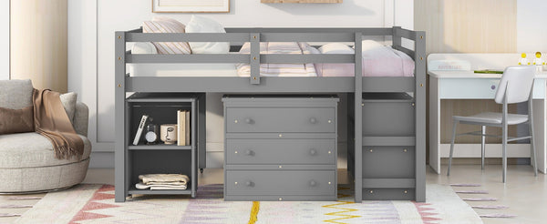 English Elm Low Full Loft Bed with Rolling Desk Storage Cabinet Kids Room Espresso Pine Gray LT000313AAE-1