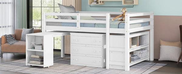 English Elm Low Full Loft Bed with Rolling Desk Storage Cabinet Kids Room Espresso Pine White LT000313AAK-1
