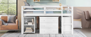 English Elm Low Full Loft Bed with Rolling Desk Storage Cabinet Kids Room Espresso Pine White LT000313AAK-1