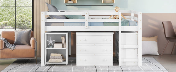 English Elm Low Full Loft Bed with Rolling Desk Storage Cabinet Kids Room Espresso Pine White LT000313AAK-1