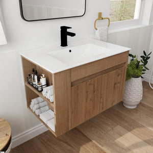 English Elm 30 Inch Bathroom Vanity With Adjustable Open Shelf & Modern White Ceramic Basin For Easy Assembly W999S00003