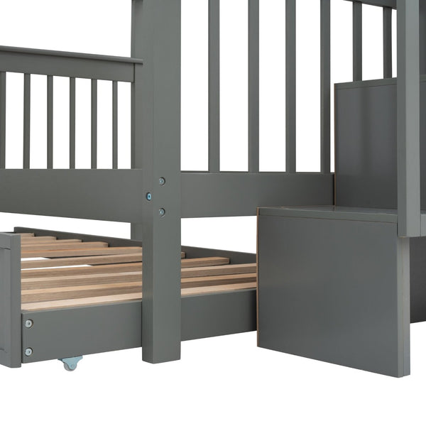 English Elm Stairway Full Over Bunk Bed with Trundle Stair Shelving and Kids Storage Gray LT100210AAE
