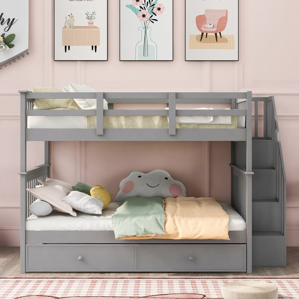 English Elm Stairway Full Over Bunk Bed with Trundle Stair Shelving and Kids Storage Gray LT100210AAE