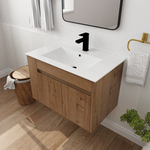English Elm 30 Inch Bathroom Vanity With Adjustable Open Shelf & Modern White Ceramic Basin For Easy Assembly W999S00003