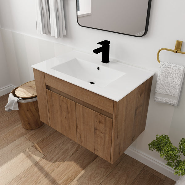 English Elm 30 Inch Bathroom Vanity With Adjustable Open Shelf & Modern White Ceramic Basin For Easy Assembly W999S00003