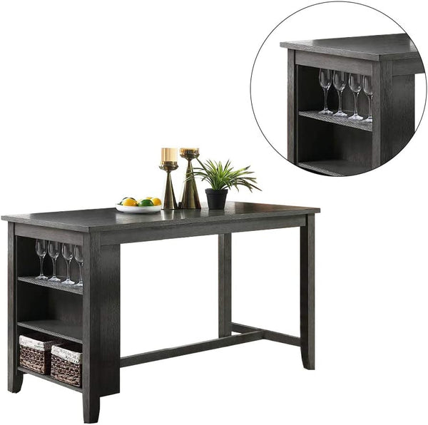 English Elm Modern Counter Height Dining Table with Built-In Side Storage Shelves, 60" Wooden Breakfast Table Gray Wash 38 L x 63 W x 6 H B01164101