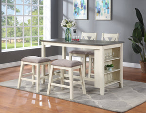 English Elm Modern Counter Height 5pc Dining Set with Solid Acacia, Linen-Like Cushions, Storage Shelves, Cream Finish Off White 19 L x 29 W x 8 H B011S00205