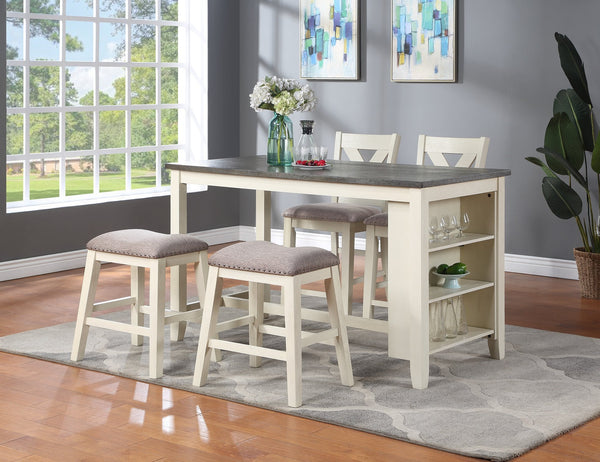 English Elm Modern Counter Height 5pc Dining Set with Solid Acacia, Linen-Like Cushions, Storage Shelves, Cream Finish Off White 19 L x 29 W x 8 H B011S00205