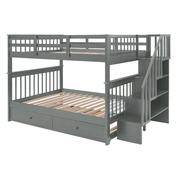 English Elm Stairway Full Over Bunk Bed with Trundle Stair Shelving and Kids Storage Gray LT100210AAE