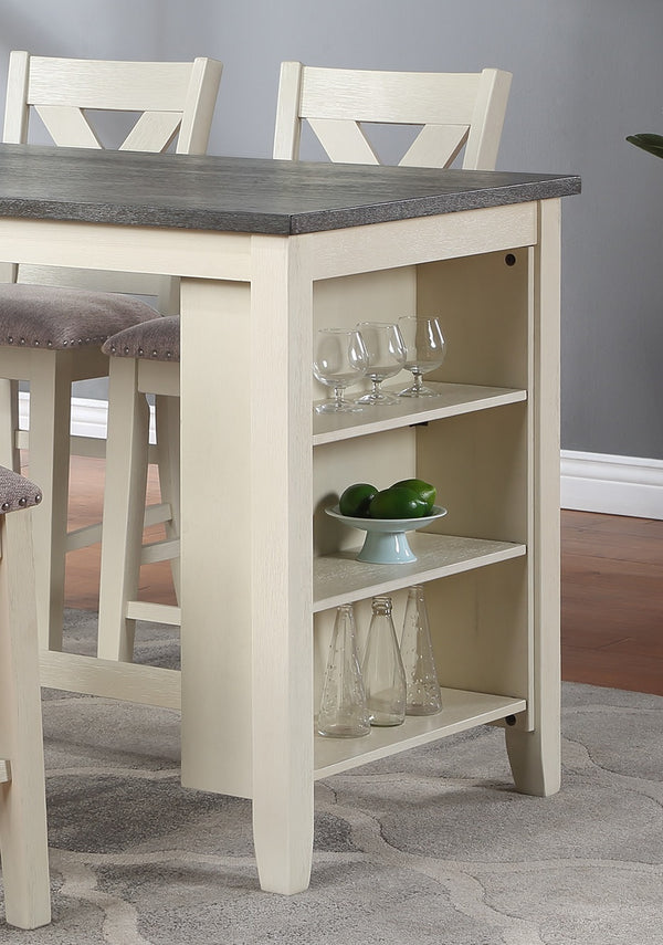 English Elm Modern Counter Height 5pc Dining Set with Solid Acacia, Linen-Like Cushions, Storage Shelves, Cream Finish Off White 19 L x 29 W x 8 H B011S00205