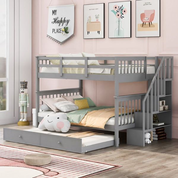 English Elm Stairway Full Over Bunk Bed with Trundle Stair Shelving and Kids Storage Gray LT100210AAE