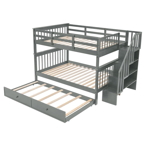 English Elm Stairway Full Over Bunk Bed with Trundle Stair Shelving and Kids Storage Gray LT100210AAE