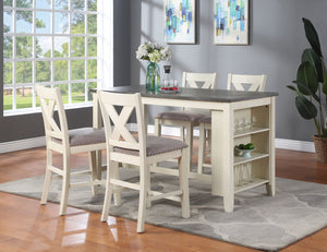English Elm Modern Counter Height 5pc Dining Set with Solid Acacia, Linen-Like Cushions, Storage Shelves, Cream Finish Off White 18.5 L x 41.5 W x 12 H B011S00207