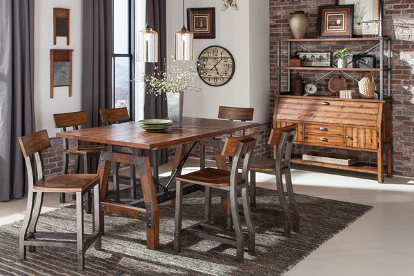 English Elm Rustic Industrial 7pc Counter Height Dining Set with Gunmetal Frame, Rustic Brown Acacia Veneer Finish Multicolor 42 L x 20.5 W x 15.5 H B011S00192