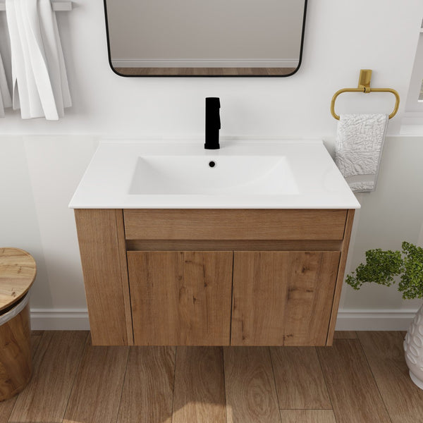 English Elm 30 Inch Bathroom Vanity With Adjustable Open Shelf & Modern White Ceramic Basin For Easy Assembly W999S00003