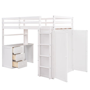 English Elm Twin Loft Bed with Built-in Desk Wardrobe and Drawers for Kids Compact Rooms White LT000301AAK-1