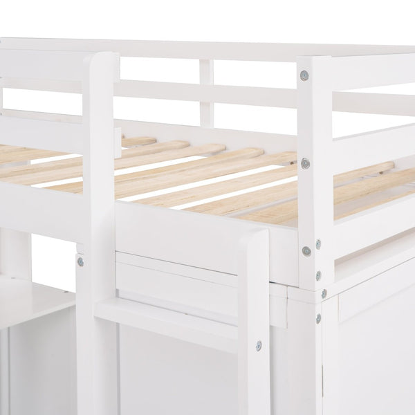 English Elm Twin Loft Bed with Built-in Desk Wardrobe and Drawers for Kids Compact Rooms White LT000301AAK-1
