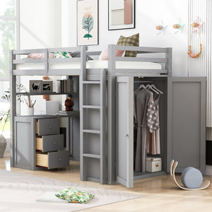 English Elm Twin Loft Bed with Built-in Desk Wardrobe and Drawers for Kids Compact Rooms Gray LT000301AAE-1