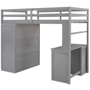 English Elm Twin Loft Bed with Built-in Desk Wardrobe and Drawers for Kids Compact Rooms Gray LT000301AAE-1