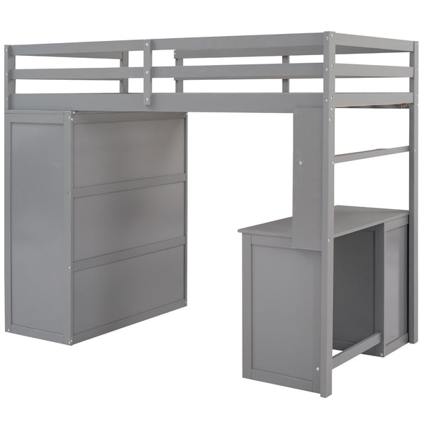 English Elm Twin Loft Bed with Built-in Desk Wardrobe and Drawers for Kids Compact Rooms Gray LT000301AAE-1