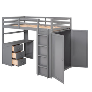 English Elm Twin Loft Bed with Built-in Desk Wardrobe and Drawers for Kids Compact Rooms Gray LT000301AAE-1