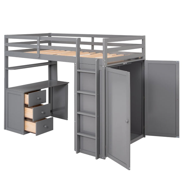English Elm Twin Loft Bed with Built-in Desk Wardrobe and Drawers for Kids Compact Rooms Gray LT000301AAE-1