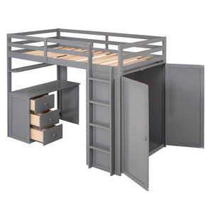English Elm Twin Loft Bed with Built-in Desk Wardrobe and Drawers for Kids Compact Rooms Gray LT000301AAE-1