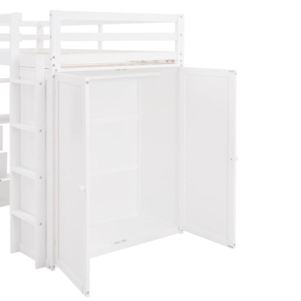 English Elm Twin Loft Bed with Built-in Desk Wardrobe and Drawers for Kids Compact Rooms White LT000301AAK-1