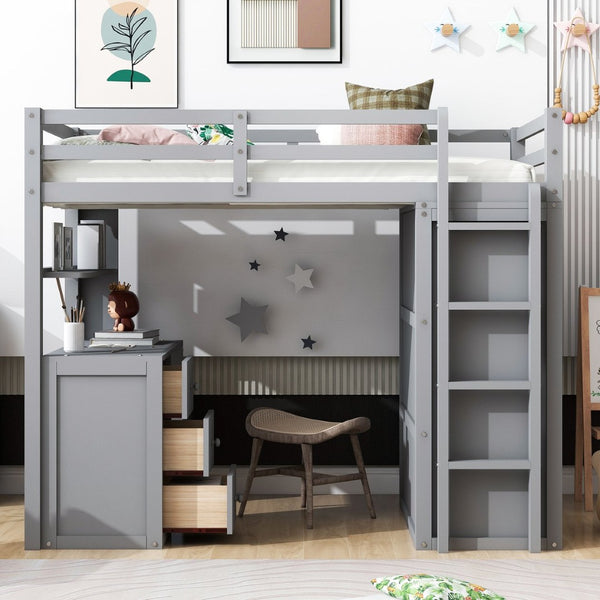 English Elm Twin Loft Bed with Built-in Desk Wardrobe and Drawers for Kids Compact Rooms Gray LT000301AAE-1