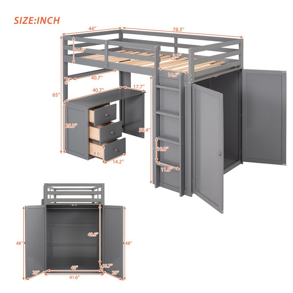 English Elm Twin Loft Bed with Built-in Desk Wardrobe and Drawers for Kids Compact Rooms Gray LT000301AAE-1