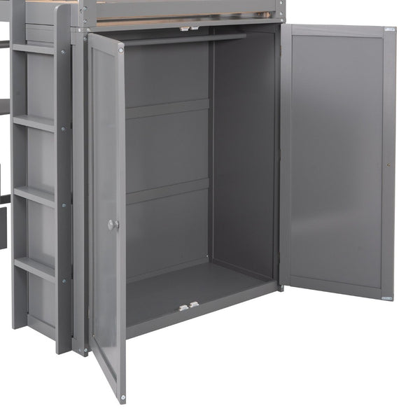 English Elm Twin Loft Bed with Built-in Desk Wardrobe and Drawers for Kids Compact Rooms Gray LT000301AAE-1