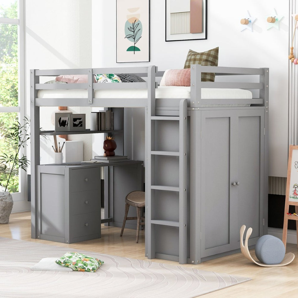 English Elm Twin Loft Bed with Built-in Desk Wardrobe and Drawers for Kids Compact Rooms Gray LT000301AAE-1