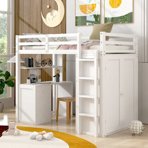 English Elm Twin Loft Bed with Built-in Desk Wardrobe and Drawers Solid Pine Space Saver White LT000301AAK-2